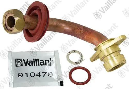 Vaillant Rohr mit Kupfer- und Messingteilen, unterschiedlichen Dichtungen und einer Verpackung, die das Vaillant-Logo zeigt.